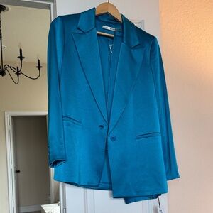 Alice + Olivia Teal Satin Single-Button Suit Set